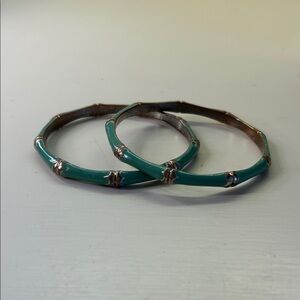 Turquoise Enamel Bamboo-Style Bangle Bracelet Set - Women Jewelry